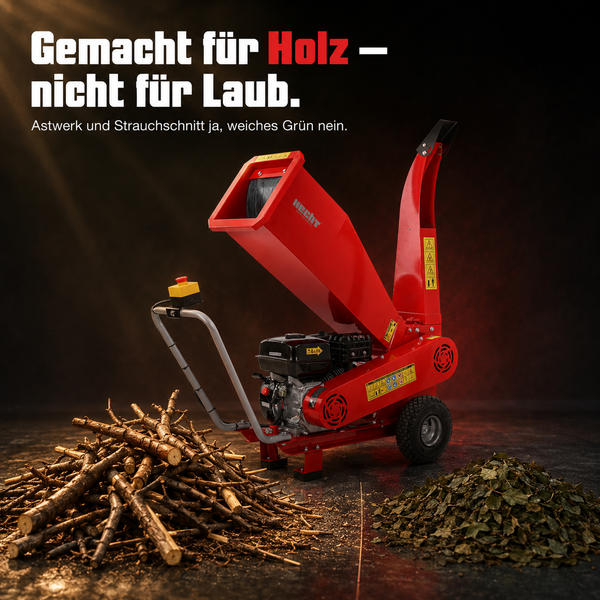 Benzin-Gartenhäcksler Hecht mit Einfülltrichter, stehend neben Ästen und Laub. Hinweis: Für Holz und Astwerk geeignet, nicht für weiches Laub.