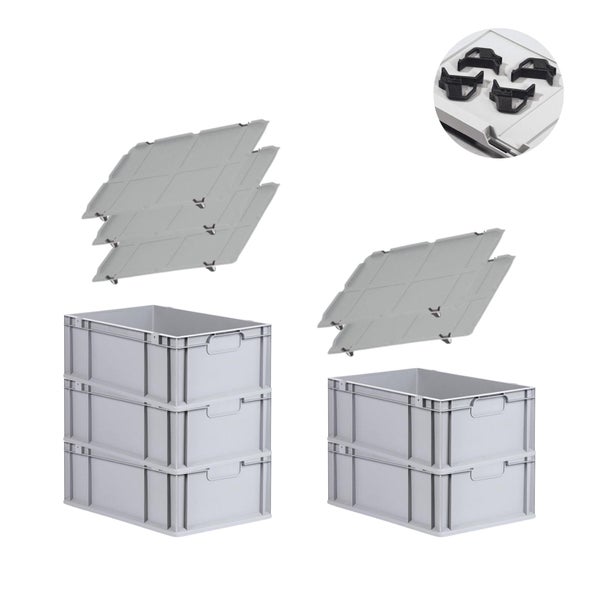 PROREGAL Spar Set 5x Eurobox Nextgen Economy Mit Auflagedeckel & 4x Schiebeschnappverschlüsse Schwarz Griffe Geschlossen HxBxT 22 x 40 x 60 cm