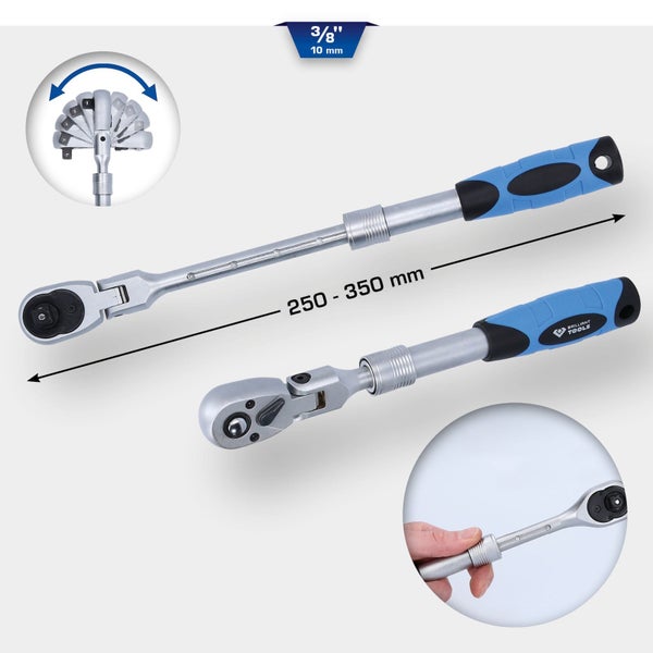 Verlängerbare Knarre mit Drehgelenk, 3/8 Zoll, Länge 250 bis 350 Millimeter