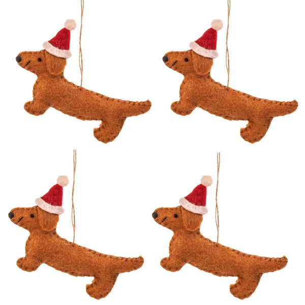 Vier Dackel-Weihnachtsbaumschmuckstücke mit Weihnachtsmützen