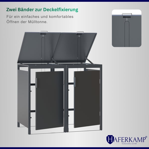 Zwei Bänder zur Deckelfixierung an einer Haferkamp Mülltonnenbox für ein einfaches Öffnen der Mülltonnendeckel.