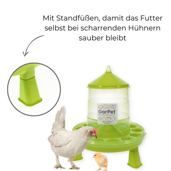 GarPet Futterautomat Hühner mit Stand Füßen grün Geflügel Futterspender Futtertrog 8 Kg Wachteln Trog Automatisch groß