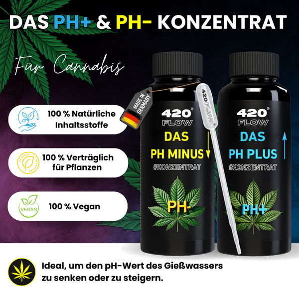 Zwei Flaschen 420 Flow pH Plus und pH Minus Konzentrat zur Regulierung des pH Wertes im Gießwasser für Cannabispflanzen.