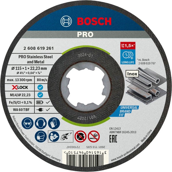 Bosch PRO Stainless Steel and Metal X-Lock Trennscheibe 115 x 1 x 22,23 mm - 2608619261