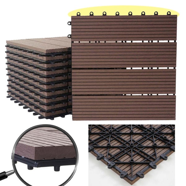 Braune quadratische Klickfliesen aus Holz-Kunststoff-Verbundwerkstoff für Terrasse und Balkon mit strukturierter Oberfläche und Kunststoffgitternetz.