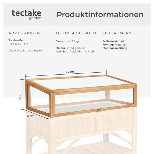 Produktinformationen zu einem Frühbeetaufsatz mit Abmessungen und technischen Daten