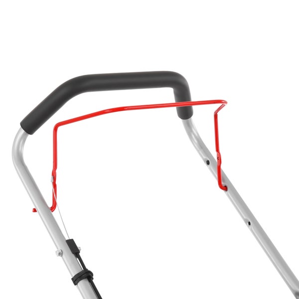 Handgriff eines Rasenmähers mit schwarzer Polsterung und rotem Sicherheitsbügel.