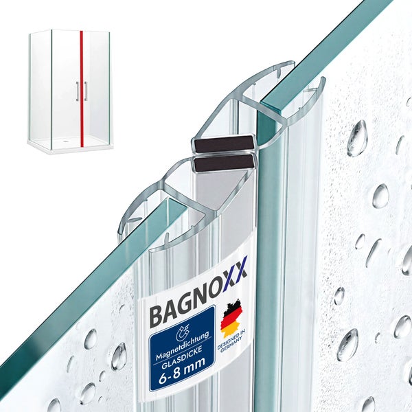 Magnetische Duschdichtung für Glasstärken von 6 bis 8 Millimeter, Bagnoxx Logo, transparente Kunststoffprofile mit Magnetstreifen.