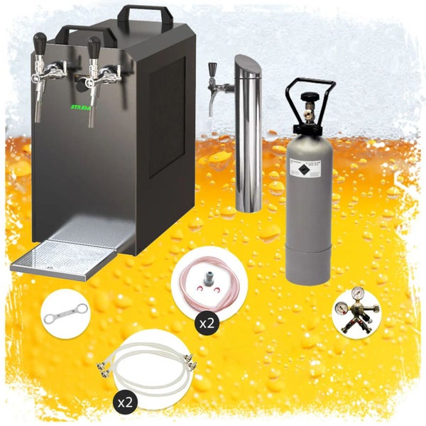 Bierzapfanlage mit zwei Zapfhähnen, Zapfsäule, Kohlensäureflasche, Druckminderer, Schläuchen und Zubehör