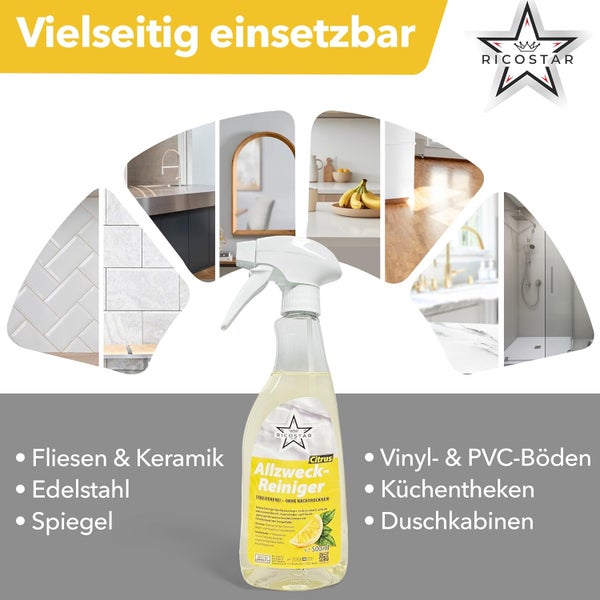 Ricostar Allzweckreiniger Citrus 500 ml – Universalreiniger für streifenfreien Glanz & hygienische Sauberkeit – Reinigungsspray für die Oberflächenreinigung – Effektiv gegen Verschmutzungen