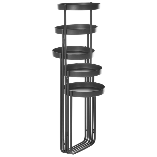 Schwarze Pflanzensäule aus Metall mit fünf runden Ebenen.