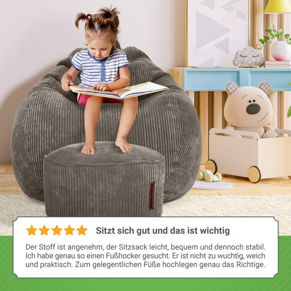 Green Bean 2er Set Indoor XXL Sitzsack + Pouf mit EPS-Perlen Füllung - Fußhocker Fußkissen Hocker Bodenkissen Liegekissen Sitzkissen Lounge Chair - Anthrazit