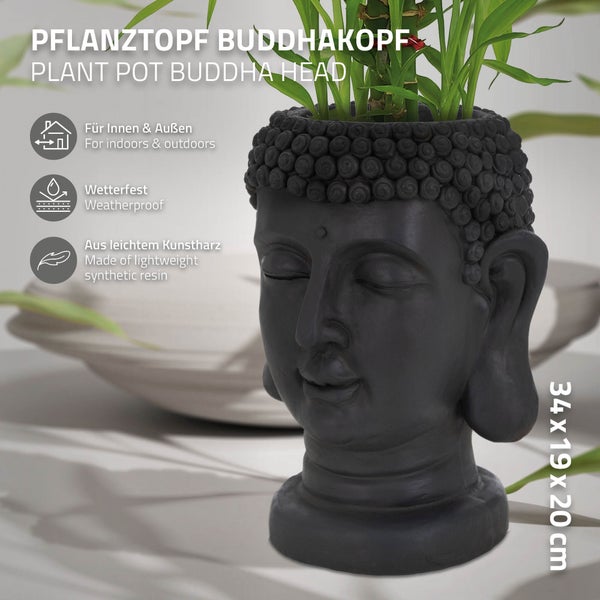 ML-Design Pflanztopf Buddha Figur Kopf 19x20x34 cm, Anthrazit, Harz, Innen- und Außenstatue, massiv, Groß Büste Skulptur, Pflanzgefäß Blumentopf Übertopf Gesicht Pflanzer Gartendeko Pflanzen Vase Urne