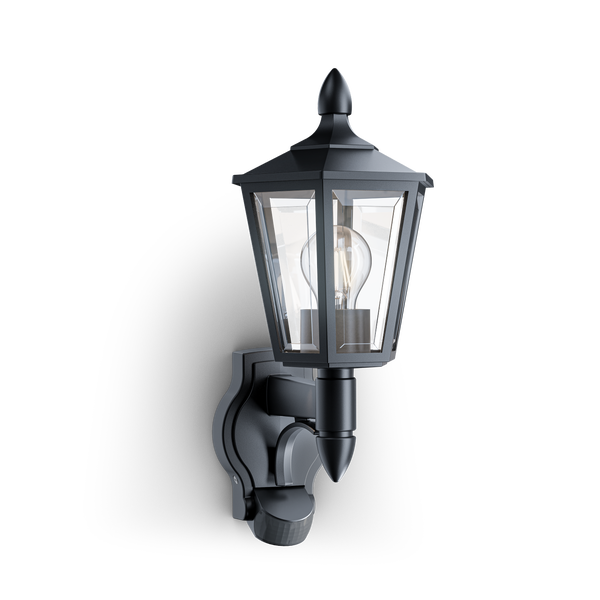 Schwarze Außenwandleuchte mit Bewegungsmelder im klassischen Laternen-Design mit klarem Glas.