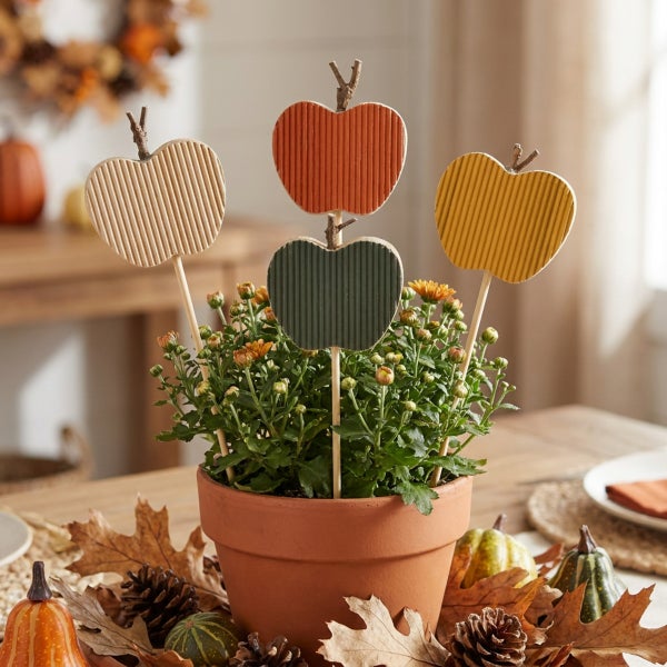 Herbstliche Dekostecker in Apfelform aus Wellpappe in einem Tontopf mit Chrysanthemen auf einem Tisch arrangiert.