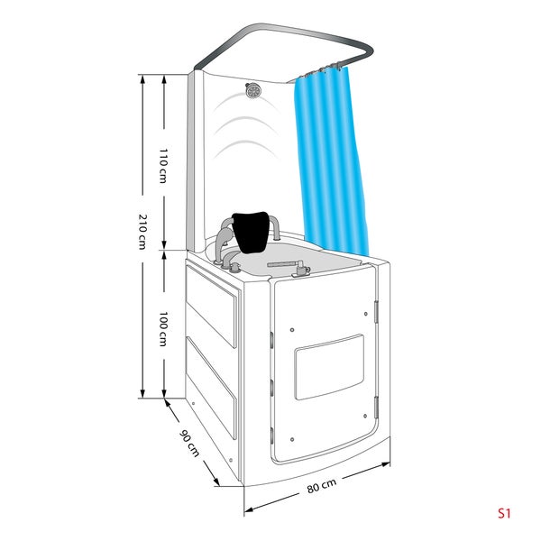 Seniorenbadewanne mit Tür, integriertem Duschbereich, Kopfstütze, Handbrause und blauem Duschvorhang für barrierefreies Baden.