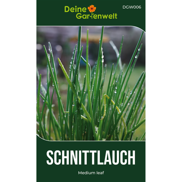 Samentüte Schnittlauch Medium Leaf der Marke Deine Gartenwelt mit Nahaufnahme von Halmen mit Wassertropfen.