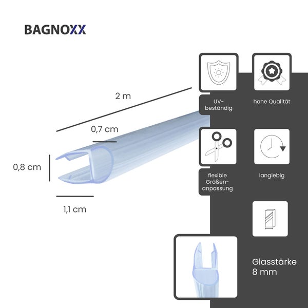 Bagnoxx Logo, Duschdichtung für 8 Millimeter Glasstärke, 2 Meter Länge, UV-beständig, langlebig, kürzbar und hohe Qualität.