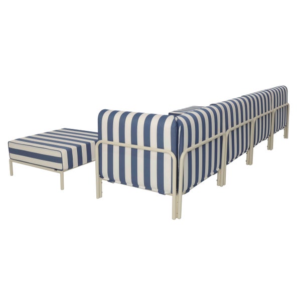 Modulares Garten-Ecksofa mit Streifenmuster und passendem Hocker, Gestell aus Metallrohren.