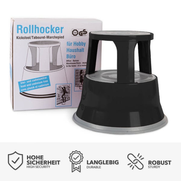 FLOORDIREKT Rollhocker - Elefantenfuß - aus Stahl - Mobiler Tritthocker - Sitzmöglichkeit für Büro und Gewerbe - Schwarz