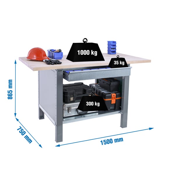 Werkbank BUFFALO WOOD mit 1x Schublade | HxBxT 86,5x150x75cm | Traglast 1000kg | Grau
