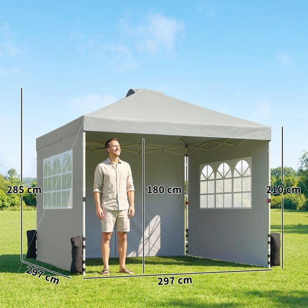 Faltpavillon in Grau mit Seitenwänden und Fenstern im Garten. Maße: 297 mal 297 Zentimeter, Gesamthöhe 285 Zentimeter.