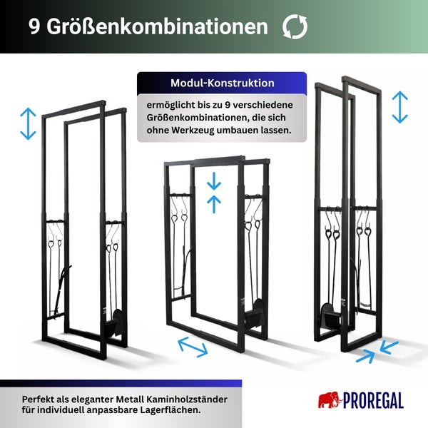 Modularer Metall-Kaminholzständer von Proregal in 9 Größenkombinationen, ohne Werkzeug verstellbar, mit Kaminbesteck. Proregal Logo.