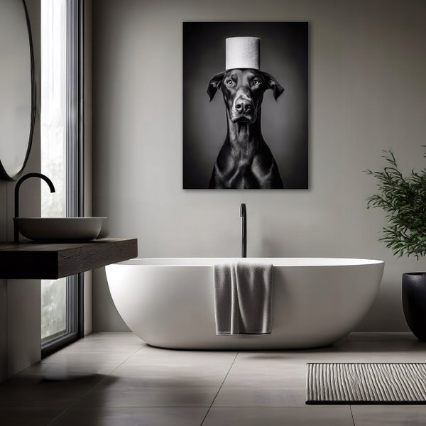Modernes Badezimmer mit freistehender Wanne, Wandbild von einem Hund mit Klorolle auf dem Kopf und hängendem Waschbecken.