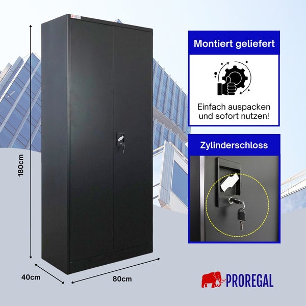 Zweitüriger Metallschrank, Maße 180 mal 80 mal 40 Zentimeter. Inklusive Zylinderschloss, fertig montiert geliefert. PROREGAL Logo.