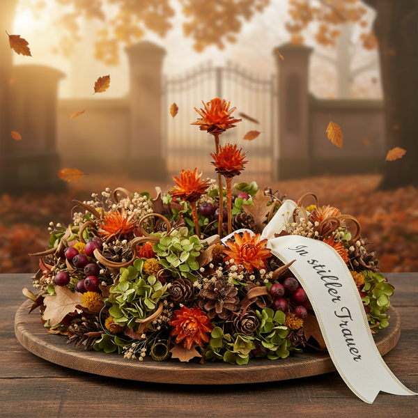 Grabgesteck aus Naturmaterialien mit Trockenblumen, Zapfen, Beeren und einer Schleife mit dem Schriftzug In stiller Trauer.
