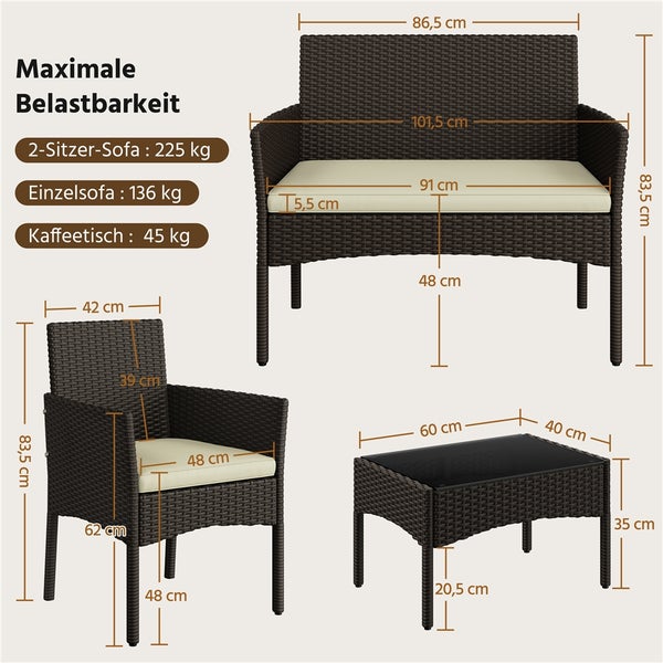 Maße eines Loungesets mit Sofa, Sessel und Kaffeetisch