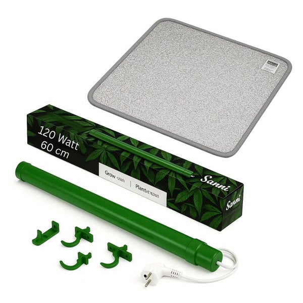 Sanni Pflanzenanzucht-Set mit Heizmatte, Pflanzenlampe, Aufhängern und Produktverpackung