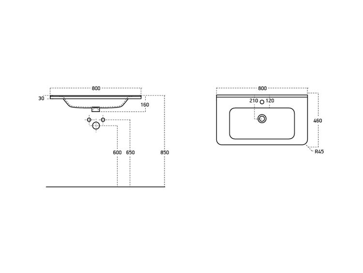 Technische Zeichnung eines Waschtisches mit Maßangaben