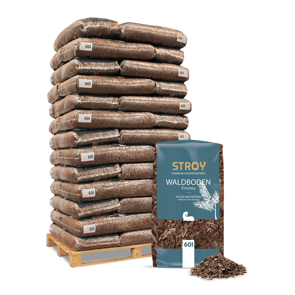 Stroy Premium Pferdeeinstreu Waldboden, Palette mit Säcken zu 60 Liter, Einstreu aus natürlichen Holzbestandteilen.
