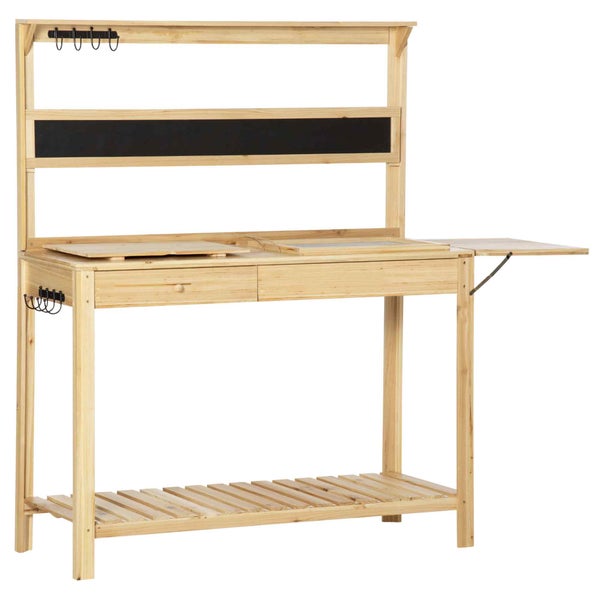 Outsunny Gärtnertisch Pflanztisch mit 8 Haken Ablage Schublade Blumentisch aus Holz für Terrasse Garten 151 x 45,5 x 143 cm Natur