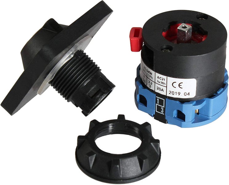 Nockenschalter-Komponenten mit schwarzem Drehgriff, Schalterkörper mit blauen Anschlüssen und Befestigungsmutter.