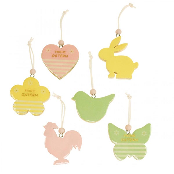 Osterdekoration aus Holz mit Tiermotiven und dem Schriftzug 'Frohe Ostern'