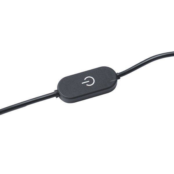 Schwarzer Schnurschalter mit weißem Power-Symbol an einem schwarzen Kabel.