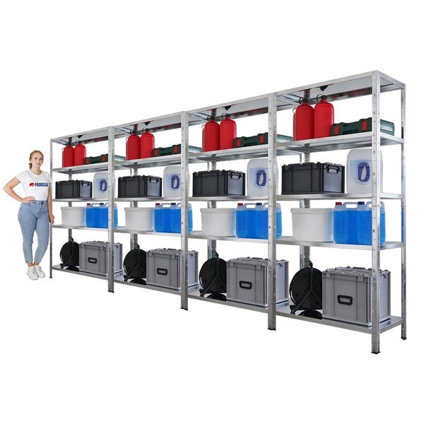 Langes Metallregal mit diversen Lagerbehältern und Werkzeugkisten