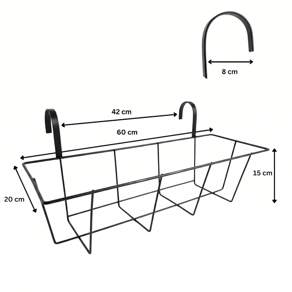Balkonkastenhalter aus Metall mit Maßen: 60 Zentimeter Breite, 20 Zentimeter Tiefe, 15 Zentimeter Höhe, Hakenabstand 42 Zentimeter.