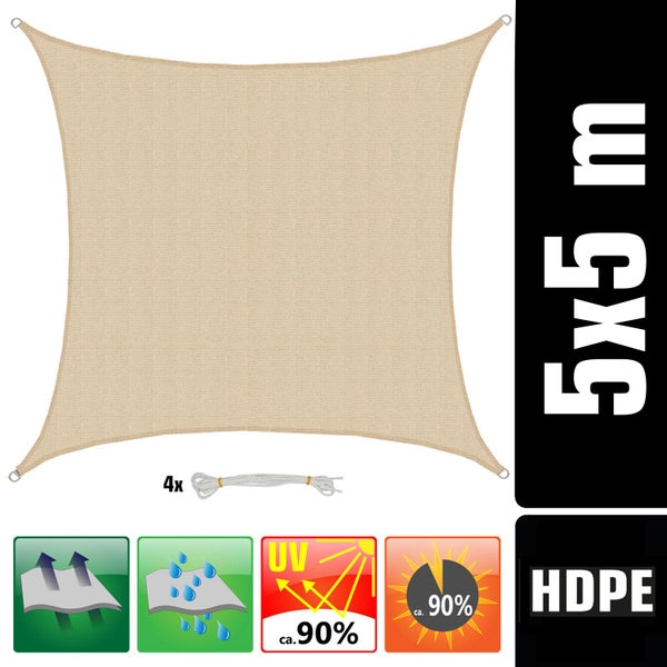 Quadratisches Sonnensegel 5 mal 5 Meter aus HDPE in Beige mit 4 Seilen, circa 90 Prozent UV-Schutz und Schattierung, luft- und wasserdurchlässig.
