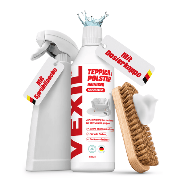 Vexil Teppich und Polsterreiniger Konzentrat mit Sprühflasche, Dosierkappe und Reinigungsbürste zur gründlichen Reinigung von Heimtextilien.