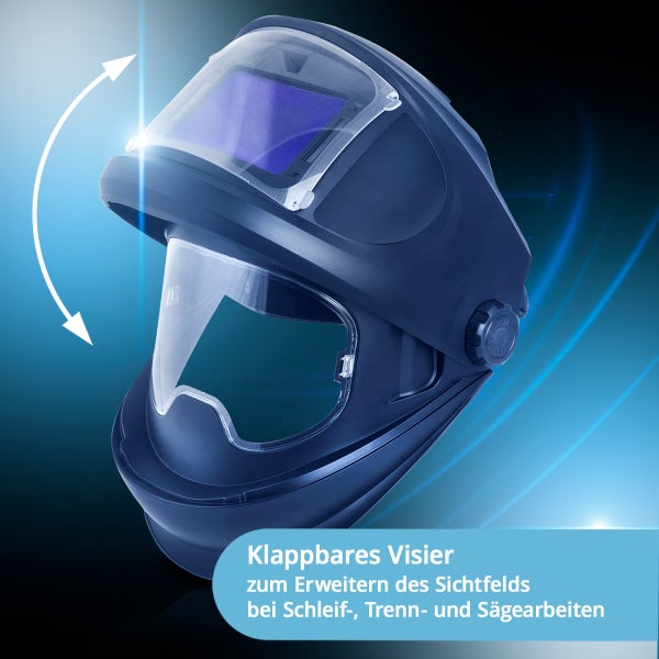 Schweißhelm mit klappbarem Visier zur Erweiterung des Sichtfelds bei Schleif-, Trenn- und Sägearbeiten