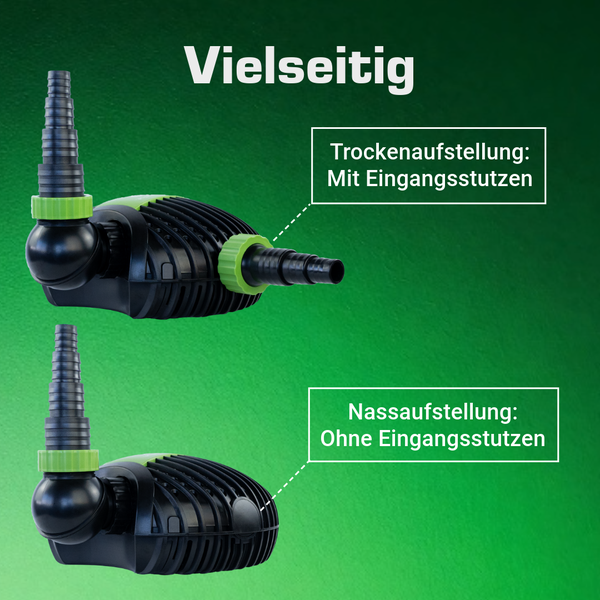Vielseitige Teichpumpe in zwei Ausführungen: Trockenaufstellung mit Eingangsstutzen und Nassaufstellung ohne Eingangsstutzen.