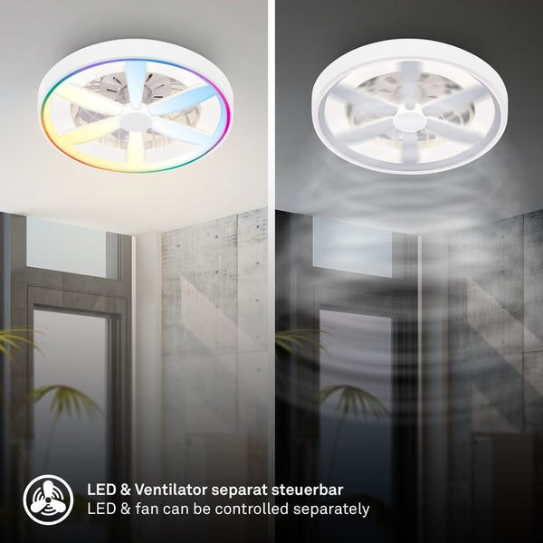 Moderne LED-Deckenleuchte mit integriertem Ventilator, separat steuerbar. Abbildung mit buntem Lichtring und weißem Licht mit Luftzirkulation.