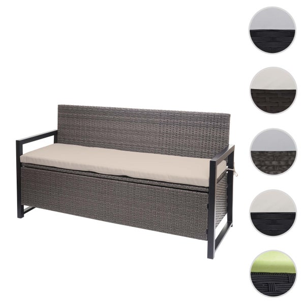 Gartenbank aus Polyrattan mit Sitzkissen und integrierter Truhe für Stauraum, verschiedene Materialvarianten in Detailansichten.