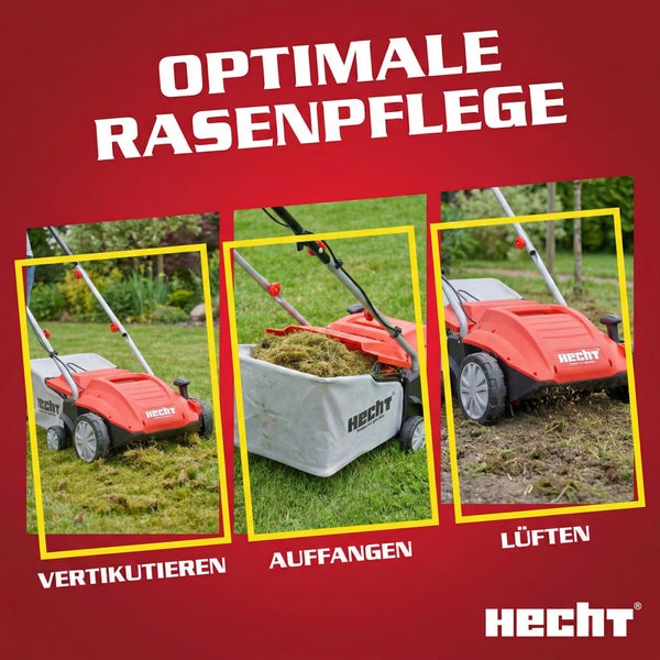 Hecht Vertikutierer für die optimale Rasenpflege: Vertikutieren, Auffangen und Lüften.