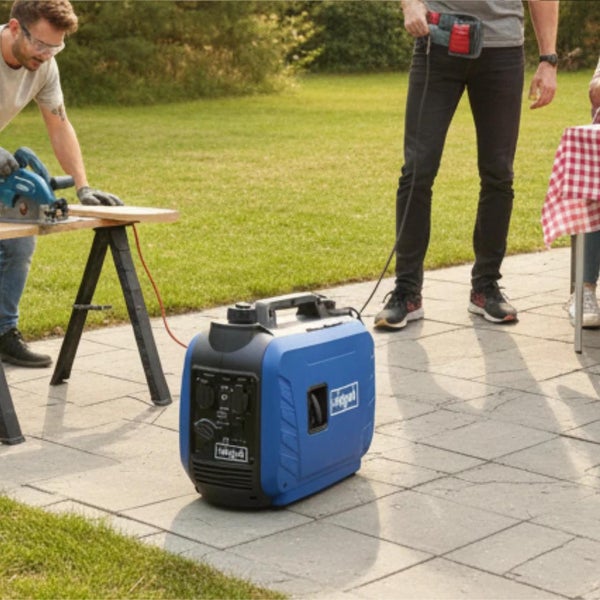Rückansicht eines blau-schwarzen tragbaren Inverter Stromerzeugers mit Lüftungsgitter, Auspuff und Warnsymbol für heiße Oberflächen.