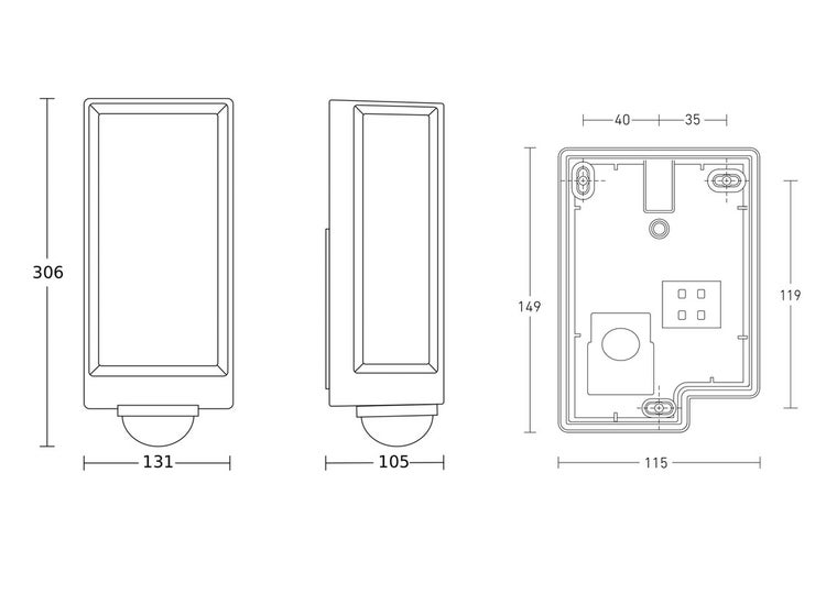 Zwei LED-Außenwandleuchten mit Bewegungsmelder, einmal quadratisch und einmal rechteckig