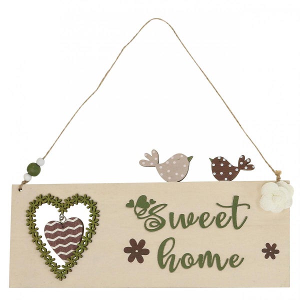 Dekoratives Holzschild mit der Aufschrift 'Sweet Home', Vogelmotiven und Herz